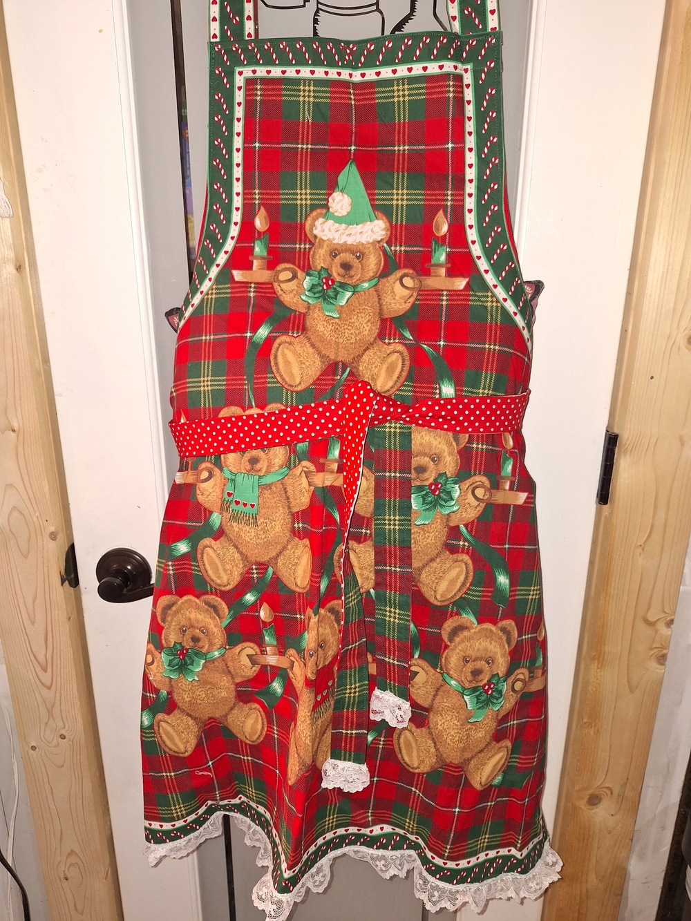 Vintage Red Plaid Teddy Bear Holiday Apron with Green Accents